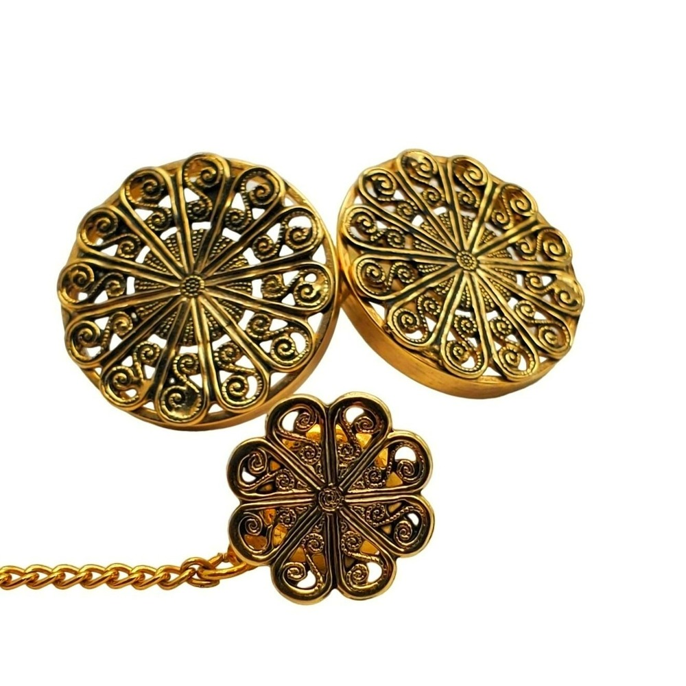 Destino Filigree Cufflinks & Tie Tac Gold‎ Tone Pin Tack Round Open Work Vintage